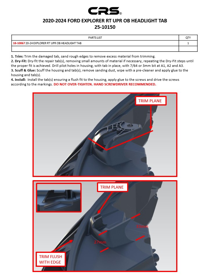2020-2024 FORD EXPLORER RT UPR OB HEADLIGHT TAB