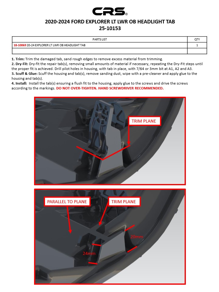 2020-2024 FORD EXPLORER LT LWR OB HEADLIGHT TAB