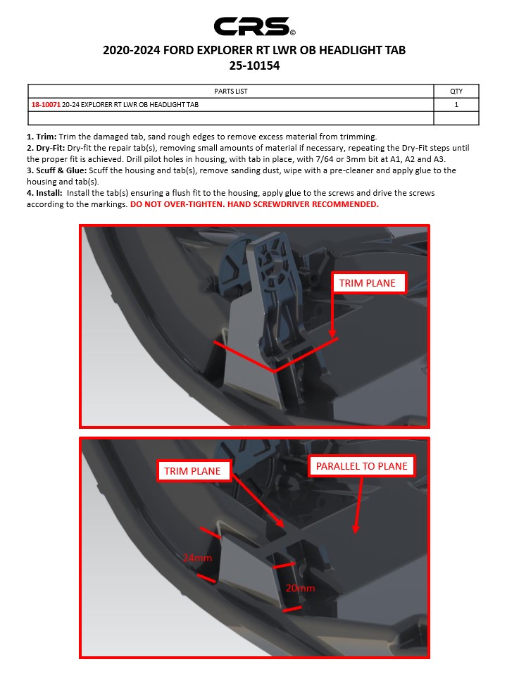 2020-2024 FORD EXPLORER RT LWR OB HEADLIGHT TAB
