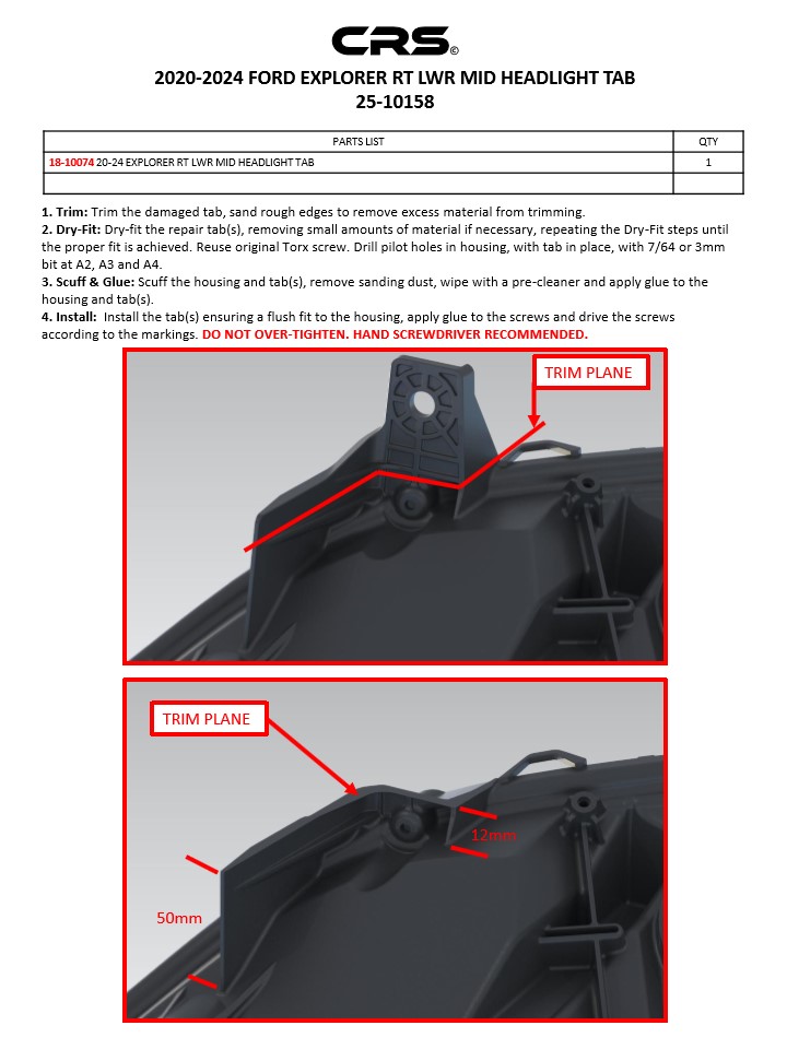 2020-2024 FORD EXPLORER RT LWR MID HEADLIGHT TAB