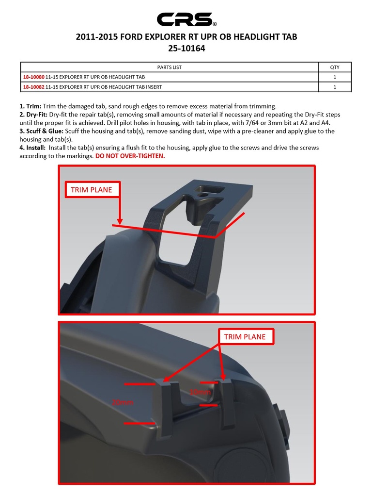2011-2015 FORD EXPLORER RT UPR OB HEADLIGHT TAB