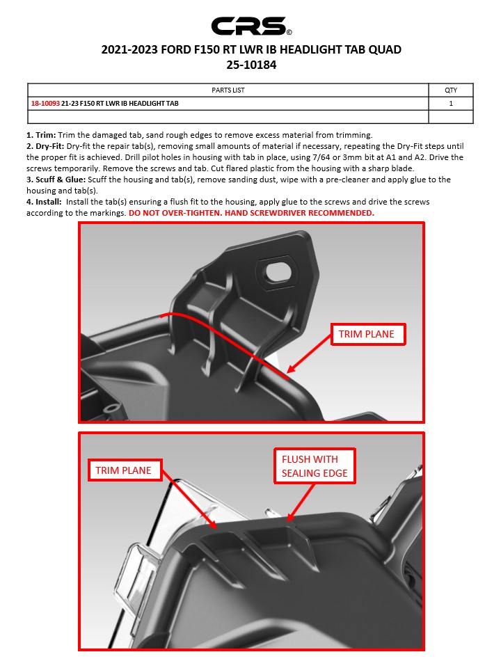 2021-2023 FORD F150 RT LWR IB HEADLIGHT TAB QUAD